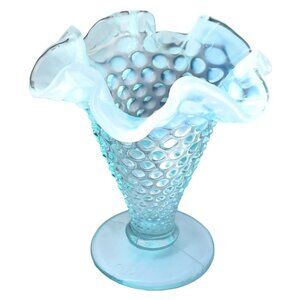Fenton Vintage Light Blue Opalescent Hobnail Glass Vase Ruffled Edge Antique Dec